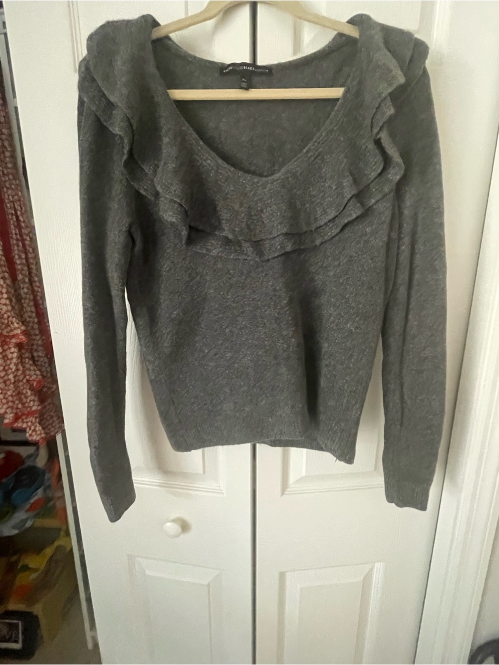 White House Black Market Gray Ruffle V-Neck Sweater